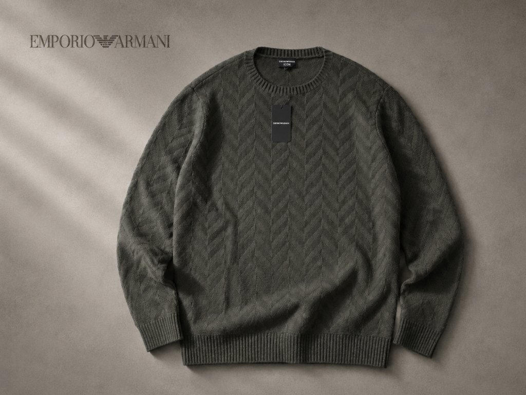 ●10万新品◆XXL◆EMPORIO ARMANI アルマーニ◆ウール100% ジャガード織シェブロン柄クルーネックニットセーター カーキ濃緑 1円拍卖