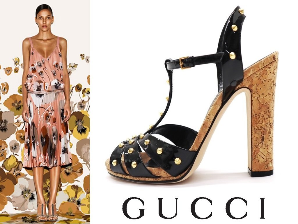 ●21万新品訳有◆38=24.5~25cm◆【GUCCI グッチ】 パテントレザー×コルク×ゴールドスタッズ 12cmヒールサンダル ブラック黒 1円拍卖