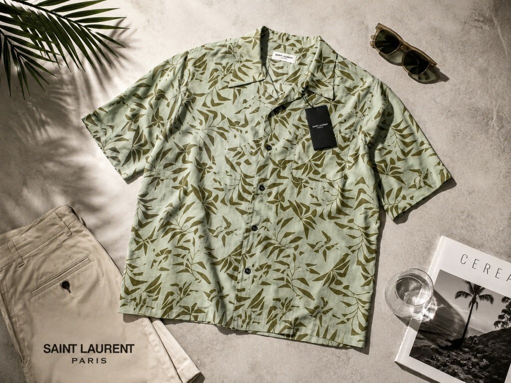 ●18万新品◆ M【サンローラン】SAINT LAURENT パームツリーデザイン半袖ハワイアンアロハシャツ サンドベージュ薄茶 1円拍卖