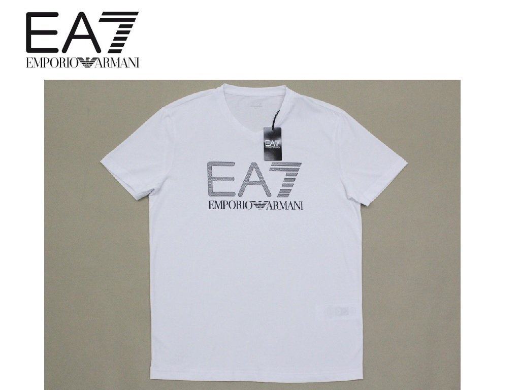 ●4万新品◆L◆【EMPORIOアルマーニ EA7】ストレッチ モノトーンロゴ 浅VネックTシャツ エンポリオ 白 1円拍卖