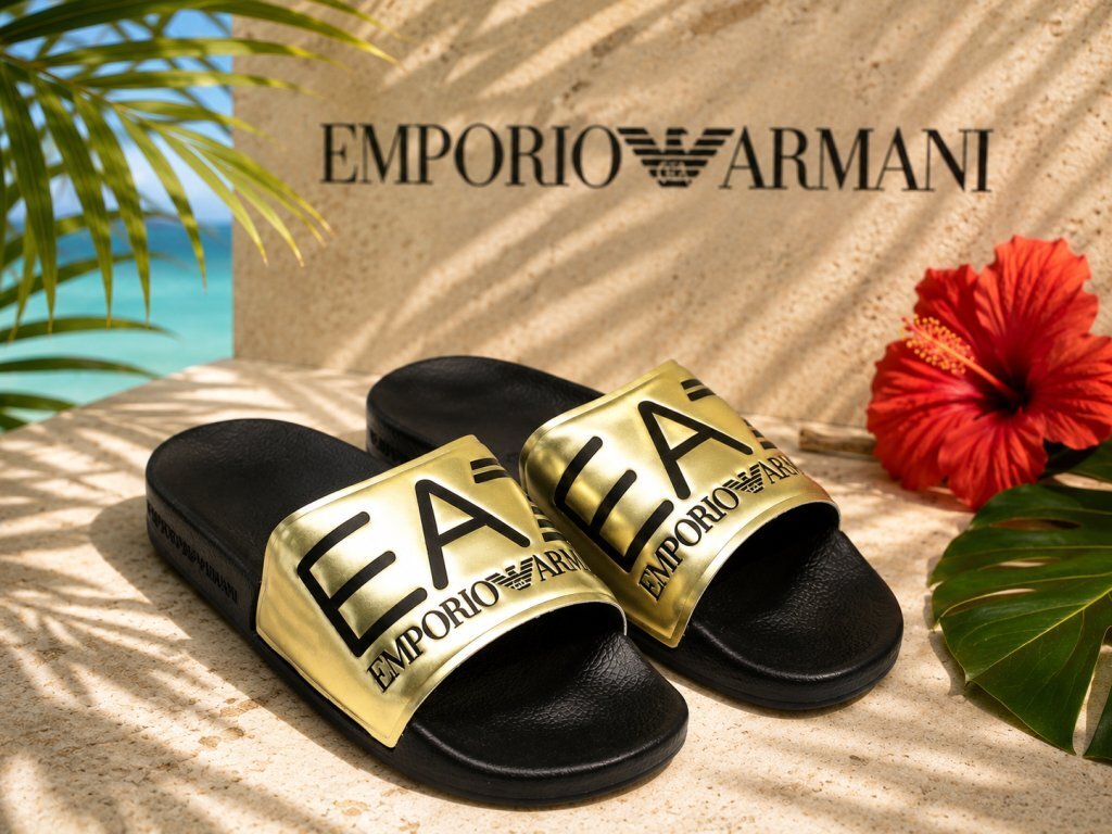 ●3万新品◆8H=27.5cm◆EMPORIOアルマーニ EA7 ロゴ入りスライドサンダルシューズ ゴールド×黒【ARMANI】1円拍卖