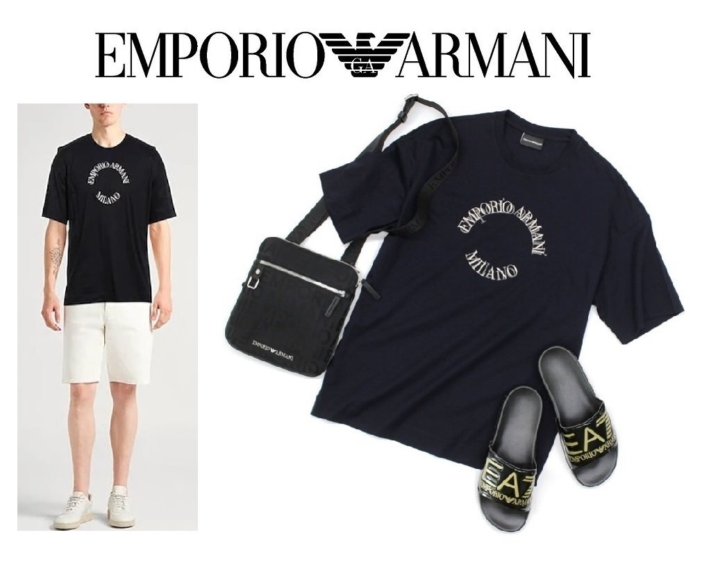 ●5万新品◆XL◆EMPORIO アルマーニ サークルロゴ 薄手涼感ストレッチコットン クルーネックTシャツ 紺ネイビー 1円拍卖