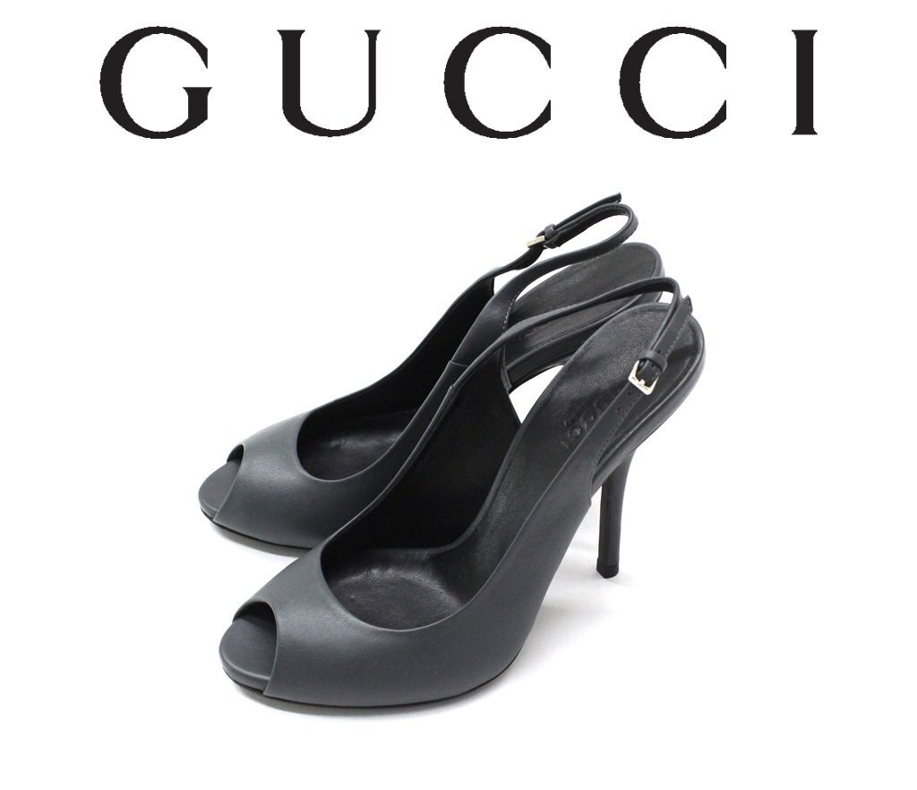 ●22万新品◆36=23cm◆【GUCCI グッチ】11.2cmヒールレザーオープントゥサンダルグレー灰 1円拍卖