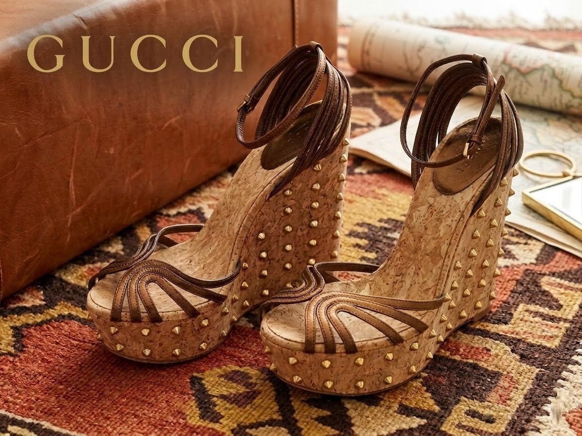 23万新品訳有◆37=24cm程度◆GUCCI グッチ コルク×ゴールドスタッズ ハイウエッジソールサンダル ブロンズ茶 1円拍卖