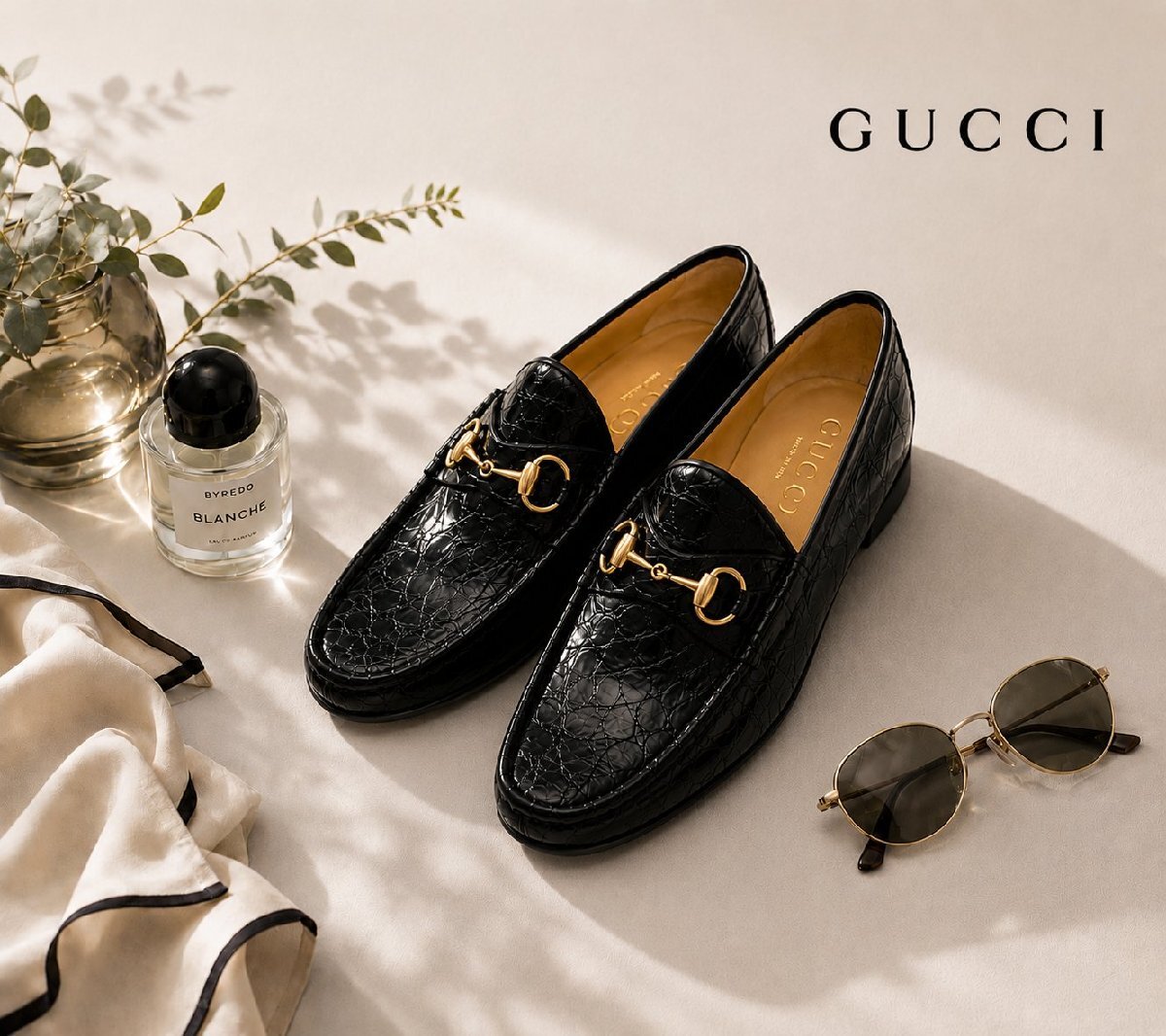 98万新品◆6H=25.5cm◆GUCCIグッチ クロコレザー ゴールドホースビットローファーシューズ 黒ブラック 1円拍卖