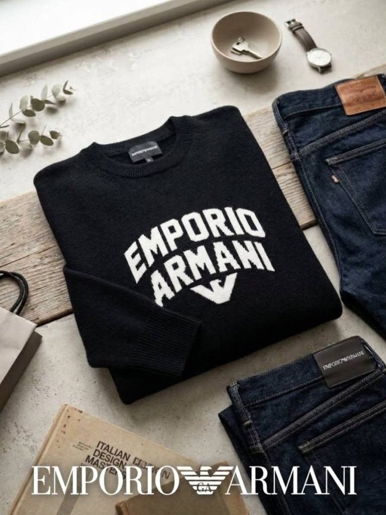 ●11万新品◆XXL◆EMPORIO ARMANI アルマーニ◆ウール混紡クルーネックニットスウェットシャツ フロントロゴセーター紺 1円拍卖