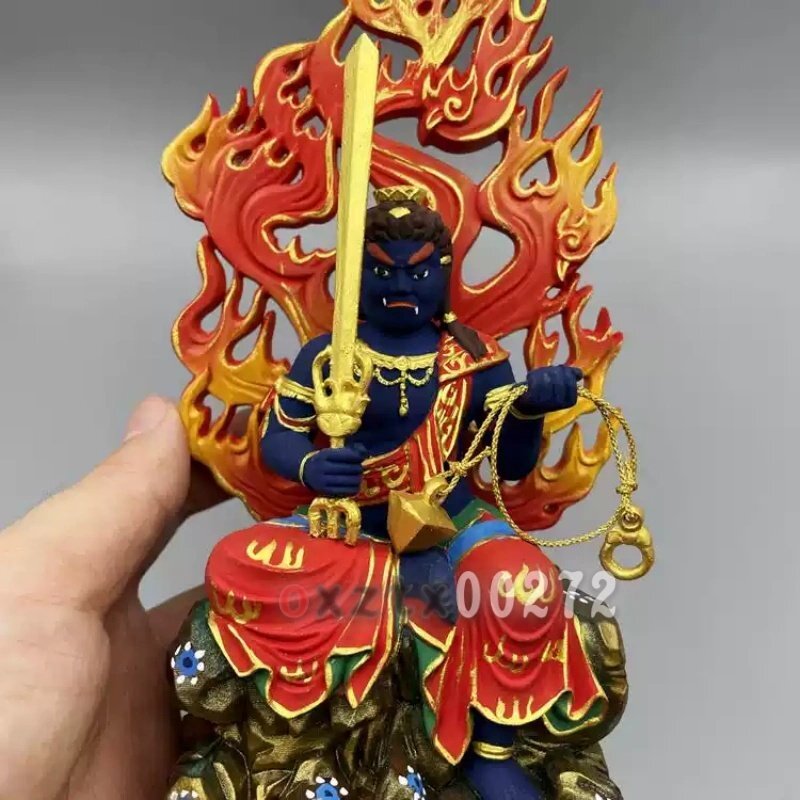 極上品◆仏像 不動明王座像 極彩色絵系 木彫り 仏像 不動尊 お守り本尊 総高18.5CM拍卖