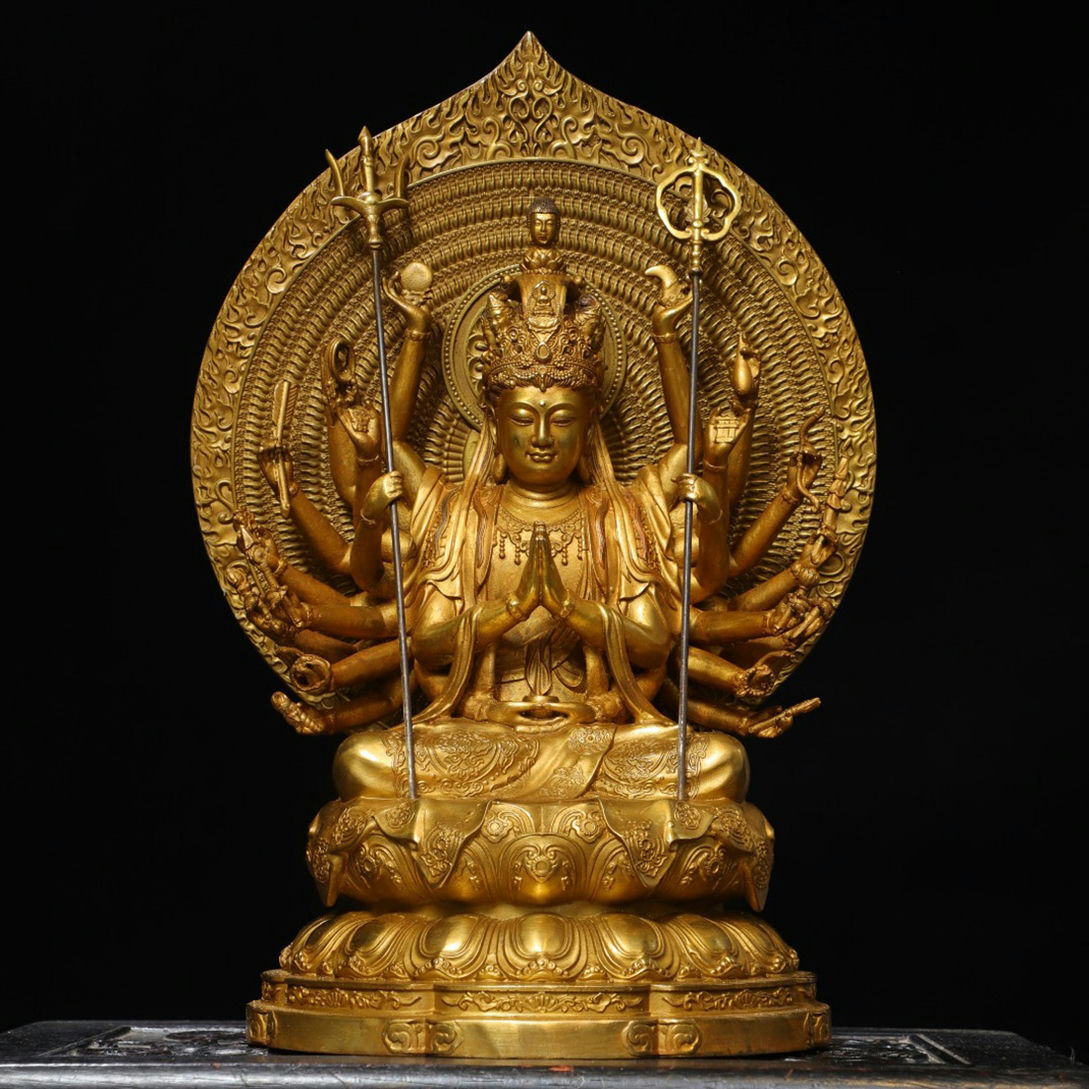 ◆旧家買出品◆R8334清時代 銅塗金 千手観音仏像造像 細工彫刻 超絶技巧・仏像 仏教古美術 細密造 寺院収蔵品 拍卖