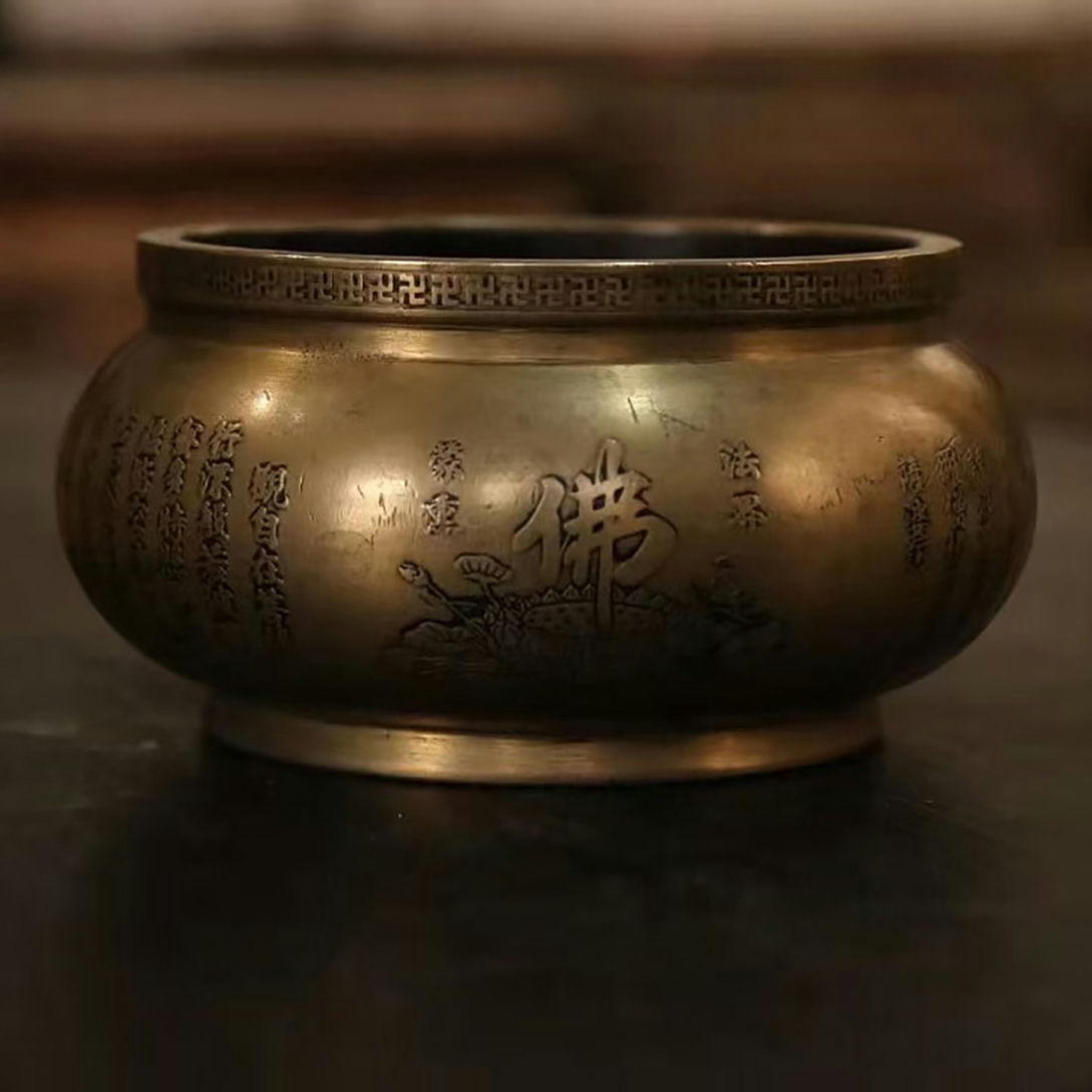 ◆旧家買出品◆R8354清時代 銅製 鏨刻心経香炉 細密細工★古置物★古賞物★古擺件★蒐集家放出★唐物拍卖