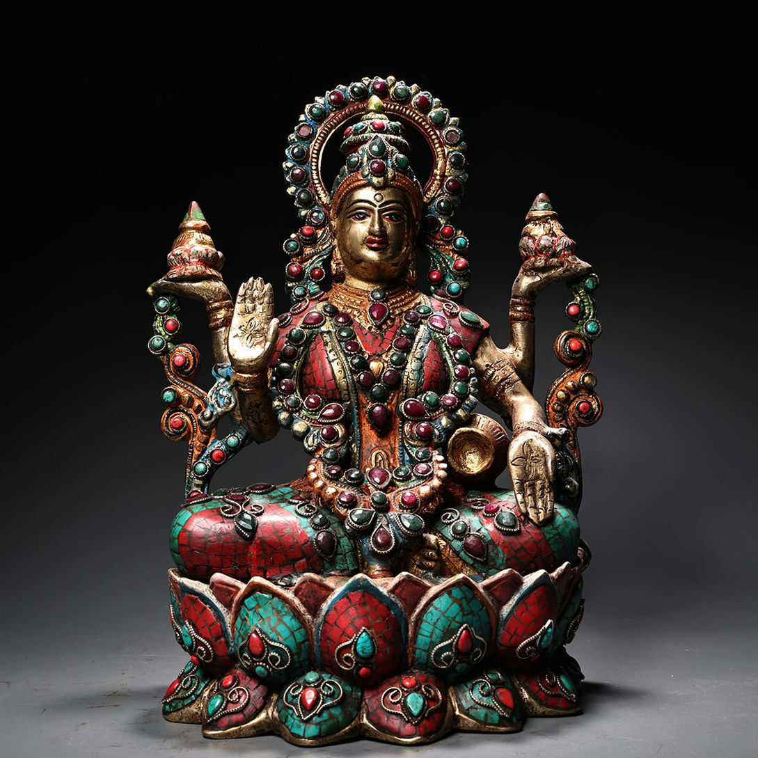 ◆旧家買出品◆R8578清時代 仏教古美術 チベット密教 銅製象嵌宝石彩絵描金度母 超絶技巧・仏像 細密造 寺院収蔵品 拍卖