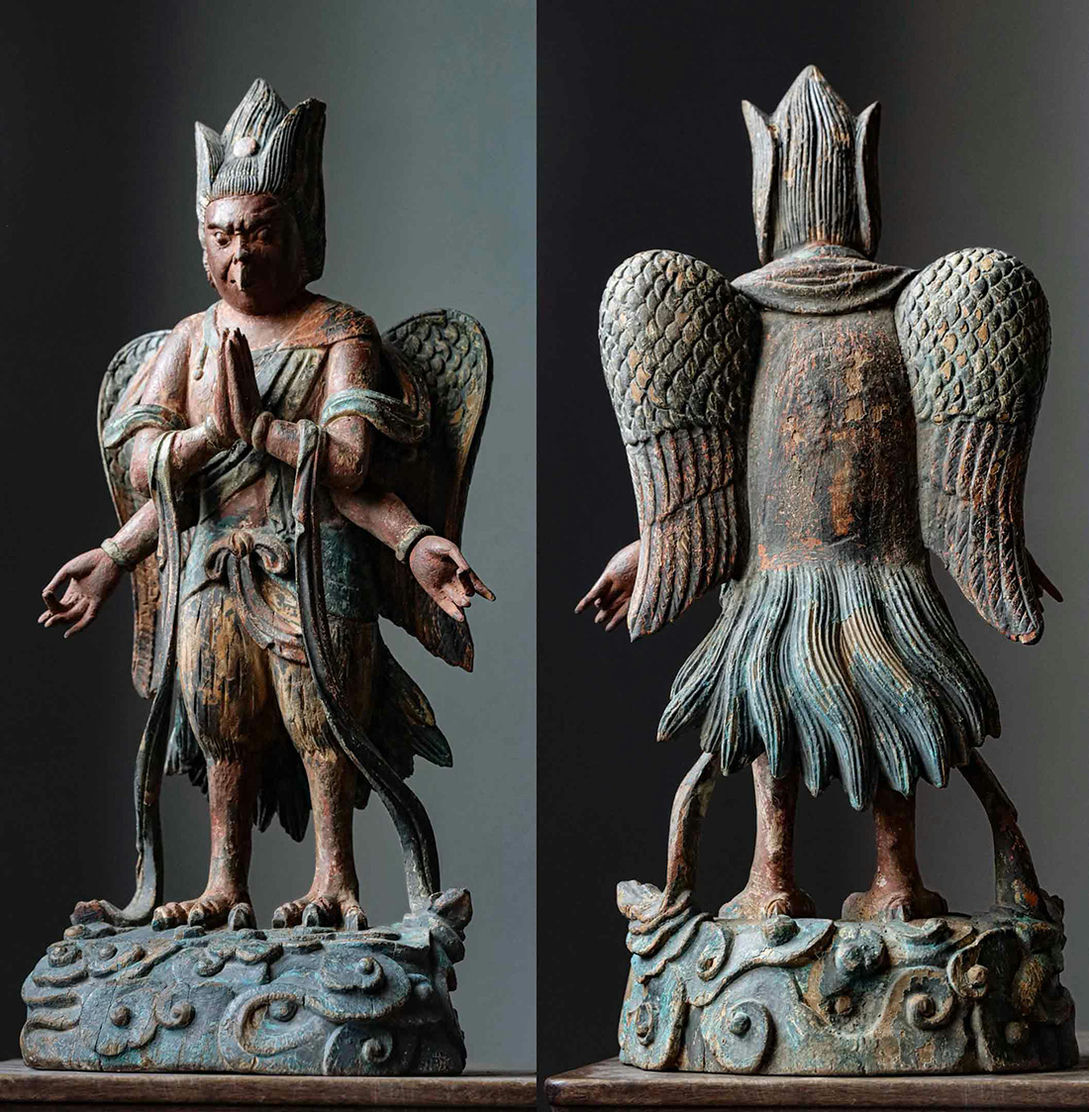★旧家蔵出し・時代物★W421宋時代 楠木木彫雷震子造像 楠木細工彫刻 超絶技巧・仏像 仏教古美術 細密造 寺院収蔵品 拍卖