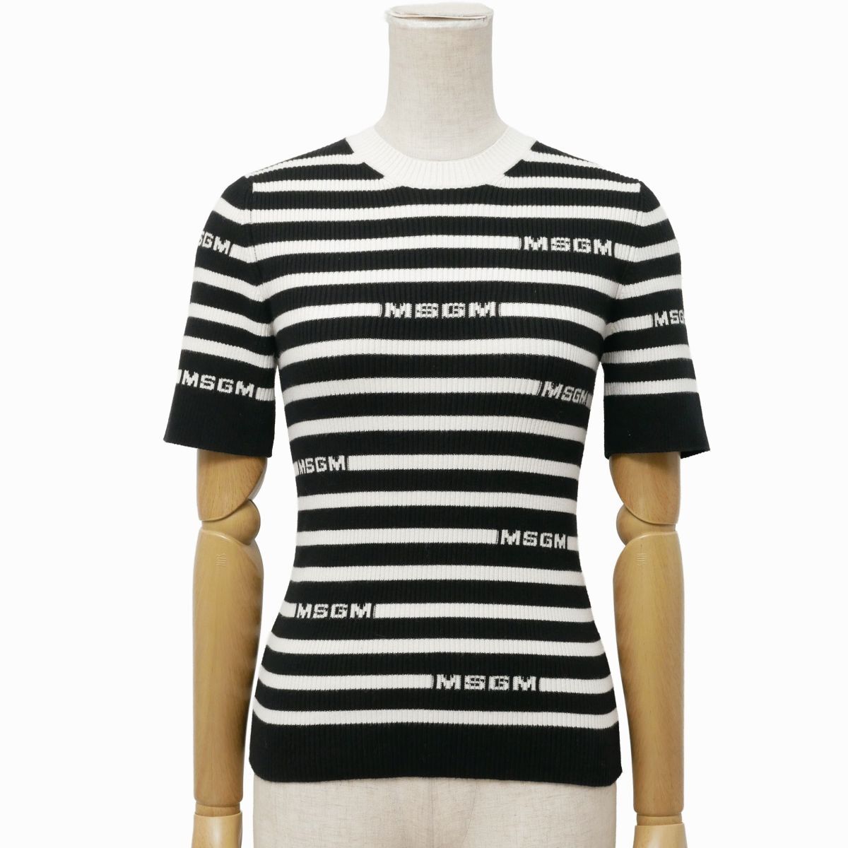 GT5755☆エムエスジーエム MSGM ロゴ ボーダー柄 半袖 リブニット トップス セーター コットン クルーネック ブラック×ホワイト Mサイズ拍卖