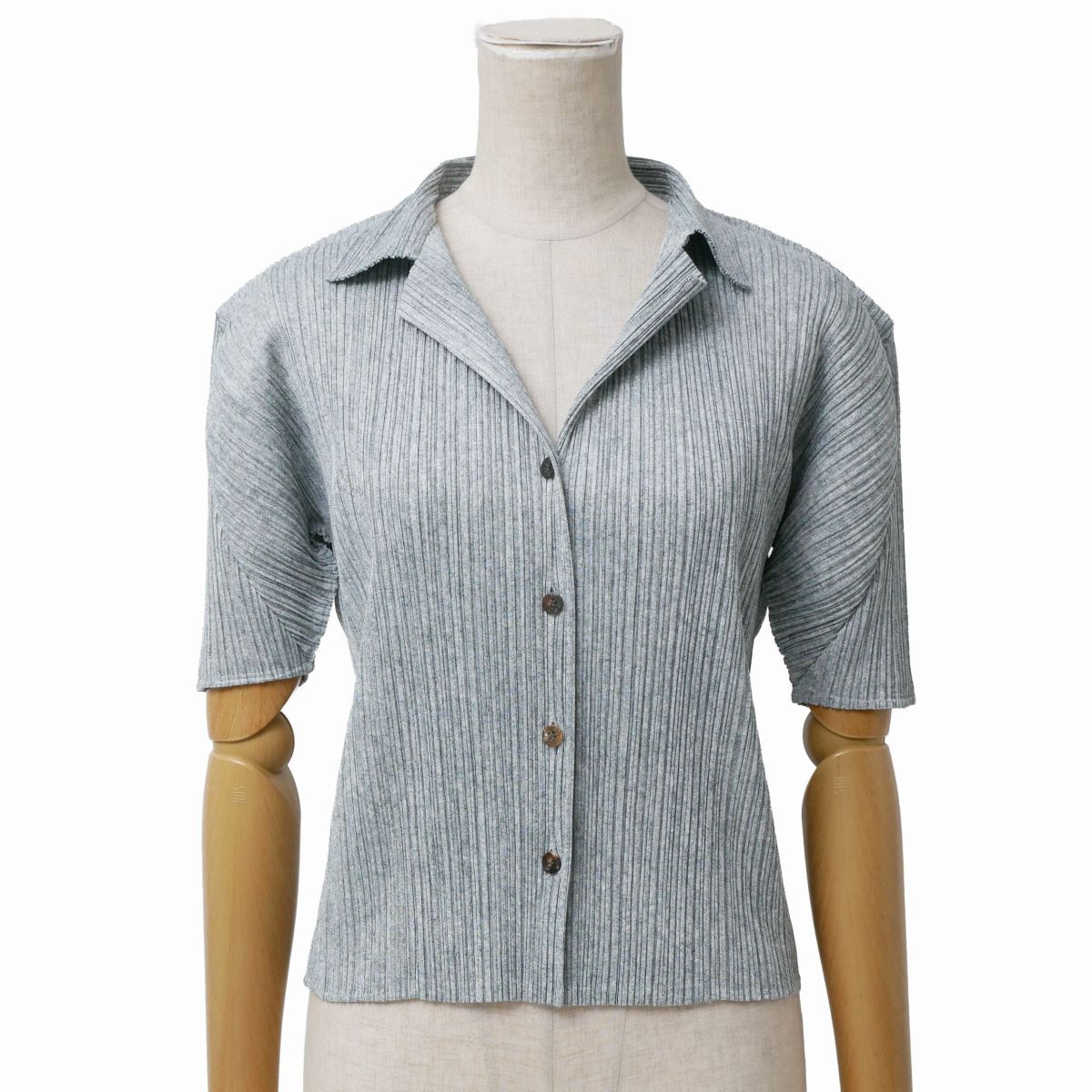 TJ7094☆プリーツプリーズ PLEATS PLEASE ISSEY MIYAKE オープンカラーシャツ ブラウス 半袖 開襟 PP02-JJ802 グレー系 サイズ4拍卖
