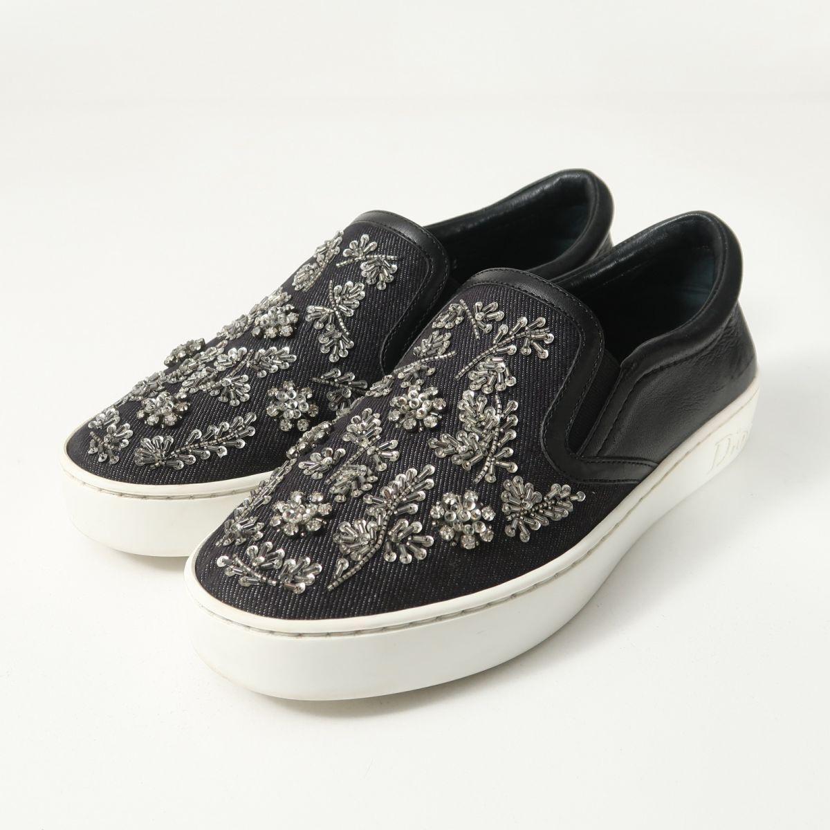 GT5584△伊製 Christian Dior クリスチャンディオール 36 (23cm相当) ビジュー装飾 キャンバス×レザー スリッポン スニーカー ネイビー/黒拍卖