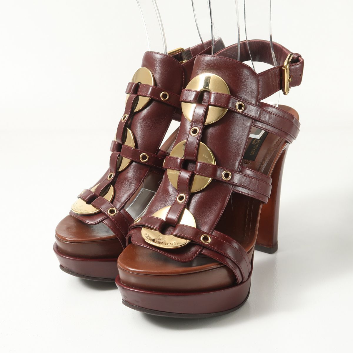 GT6068△伊製 LOUIS VUITTON ルイヴィトン size 37 レザー グラディエーター メタル装飾 プラットフォーム ストラップ ヒール サンダル拍卖