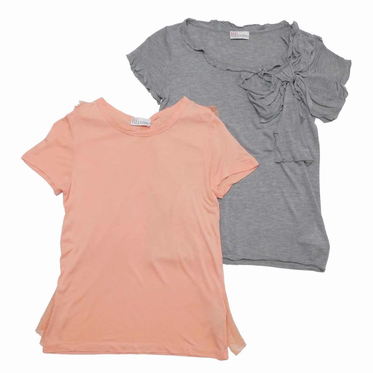 GS2471☆2点セット レッドヴァレンティノ RED Valentino リボン 半袖カットソー Tシャツ 薄手 チュール カットオフ コーラル/グレー S/XS拍卖