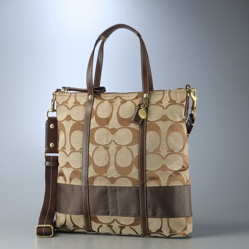 MJ2022* COACH コーチ 11100 シグネチャー ショルダー付き トートバッグ ハンドバッグ クロスボディバッグ 2way ベージュ/ブラウン拍卖