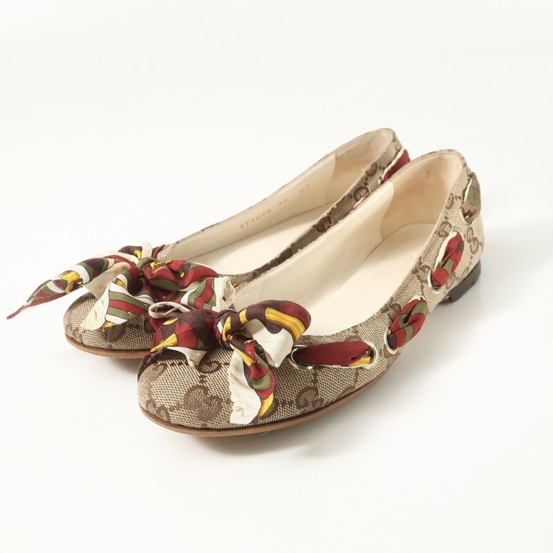 GT5925△伊製 GUCCI グッチ 34C (21.5cm相当) キャンバス スカーフリボン 171098 フラットシューズ パンプス 靴 ベージュ×バーガンディ系拍卖