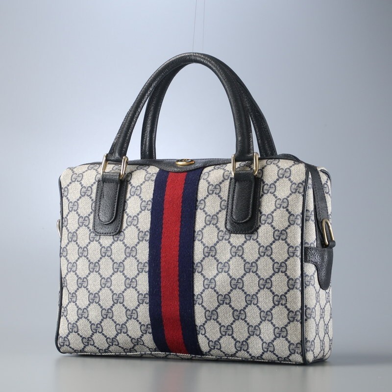 TK4996△伊製 オールドグッチ GUCCI GG柄 シェリーライン 010 378 ミニボストン ハンドバッグ 手提げ 鞄 PVCキャンバス×レザー グレー系拍卖