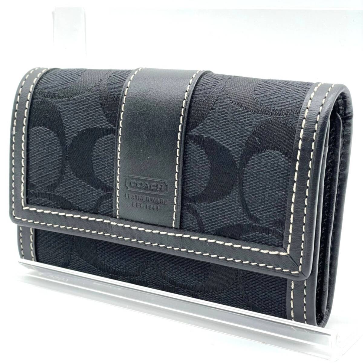 コーチ COACH 二つ折り財布 コインケース ブラック シグネチャー キャンバス レザー キーリング付き ウォレット コンパクト財布 ミニ財布拍卖