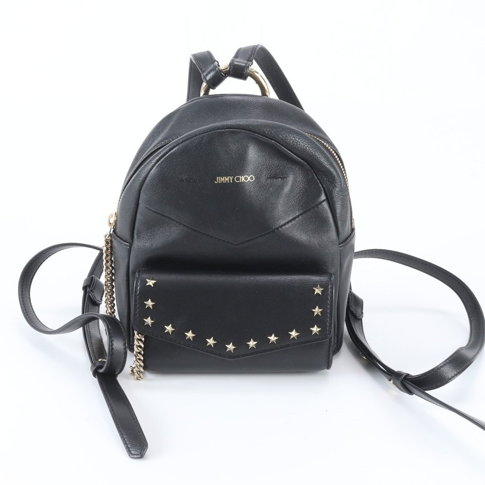 ■1円■極美品■ジミーチュウ■スター スタッズ レザー リュックサック ショルダー バッグ 本革 ブラック 黒 レディース RBM EC32-9拍卖