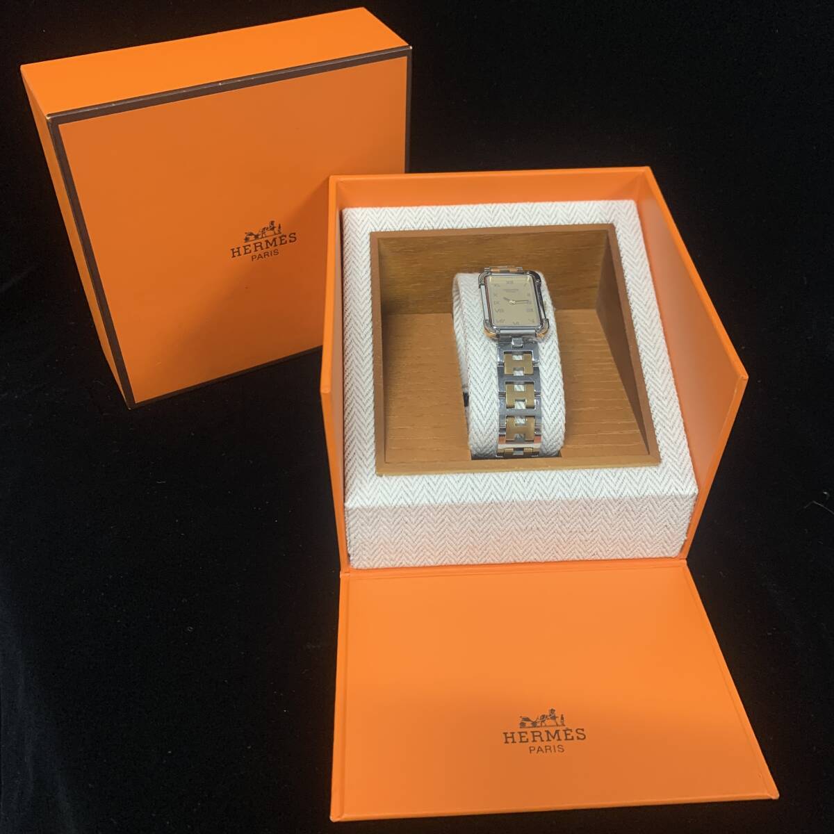 1円~ 6TA75480526 HERMES エルメス クロアジュール スクエア CR1.220 QZ クォーツ ケース レディース 腕時計 純正ベルト 稼働確認 現状品拍卖