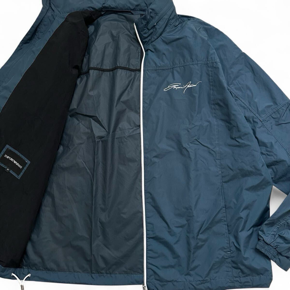 美品/XXL◎EMPORIO ARMANI エンポリオアルマーニ ナイロンジャケット ブルゾン 筆記体ロゴ ダブルジップ メンズ ブルーグレー 52拍卖