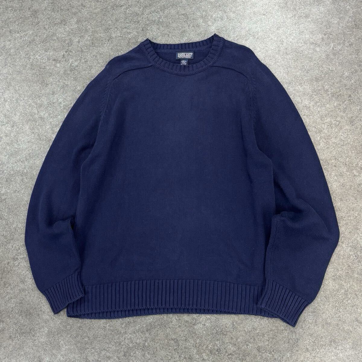 USA製 90s Vintage LANDS'END ランズエンド コットン ニット セーター クルーネック 無地 紺 ヴィンテージ ビンテージ メンズ L-REG拍卖