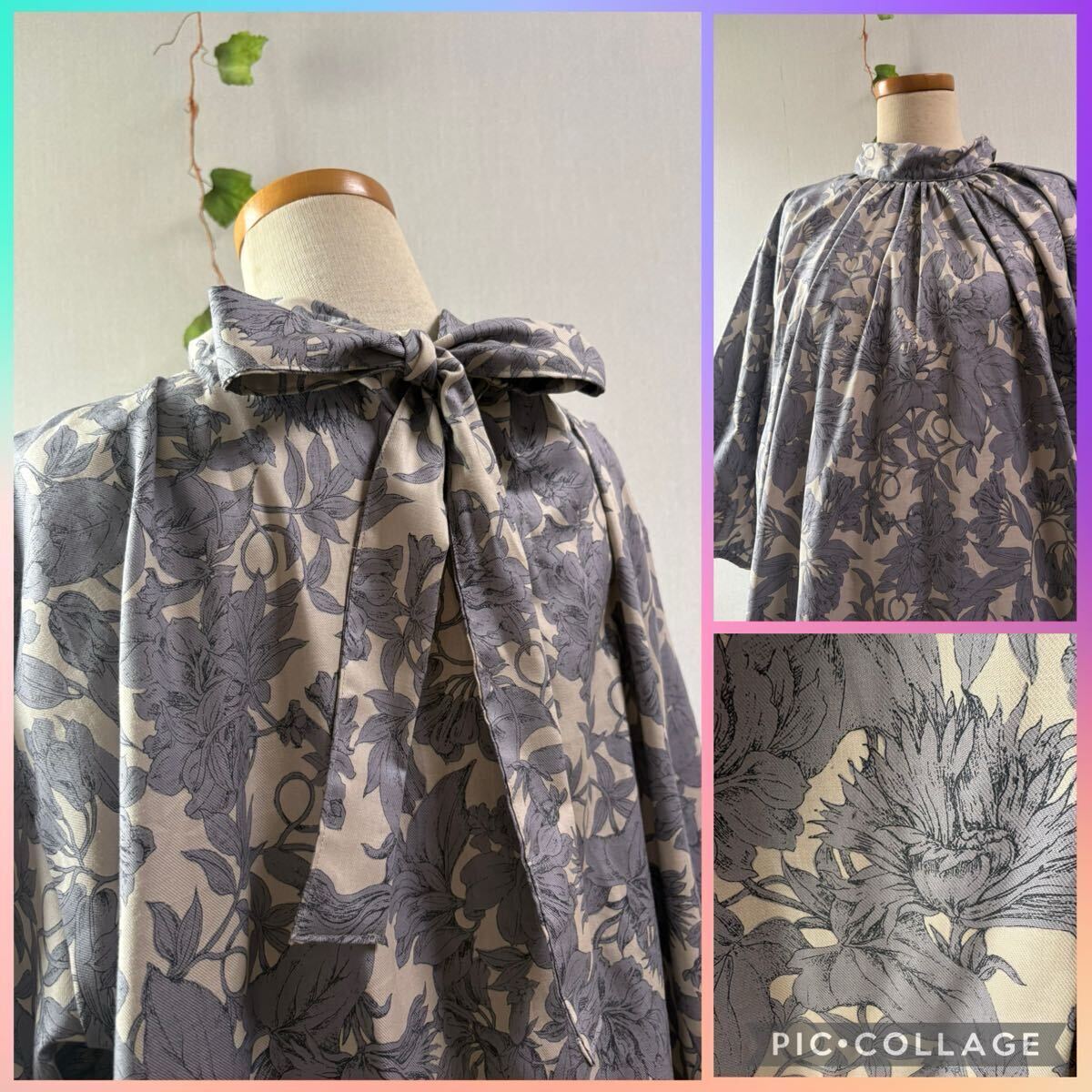 handmade::背中リボンくすみブルー花柄ハイネックゆったりワンピース:北欧英国ハンドメイドコットン綿フォーマルふんわりホワイトベージュ拍卖
