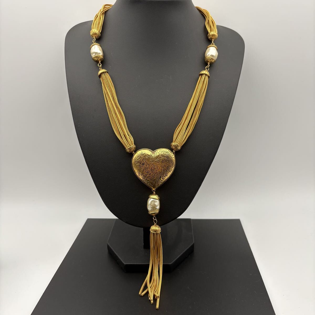 【希少・未使用保管品】Yves Saint Laurent イヴサンローラン ネックレス ハート パール 大ぶり タッセル ゴールド コスチュームジュエリー拍卖