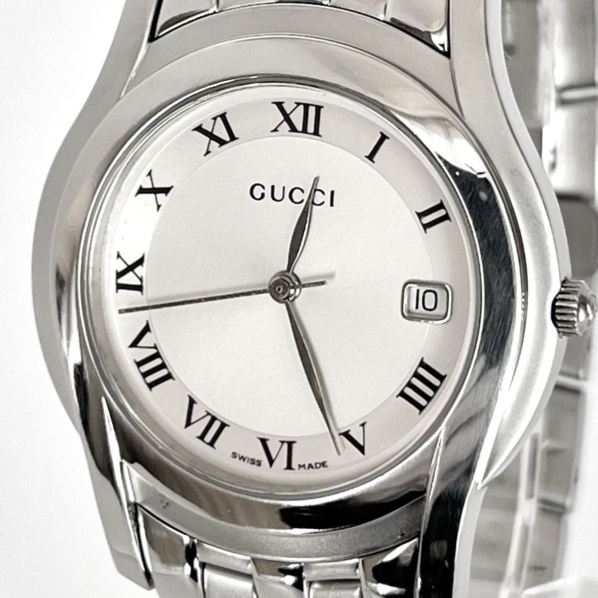 【稼働】磨き済み グッチ GUCCI 5500M メンズ 腕時計 美品 電池新品 シルバー文字盤 s2272拍卖