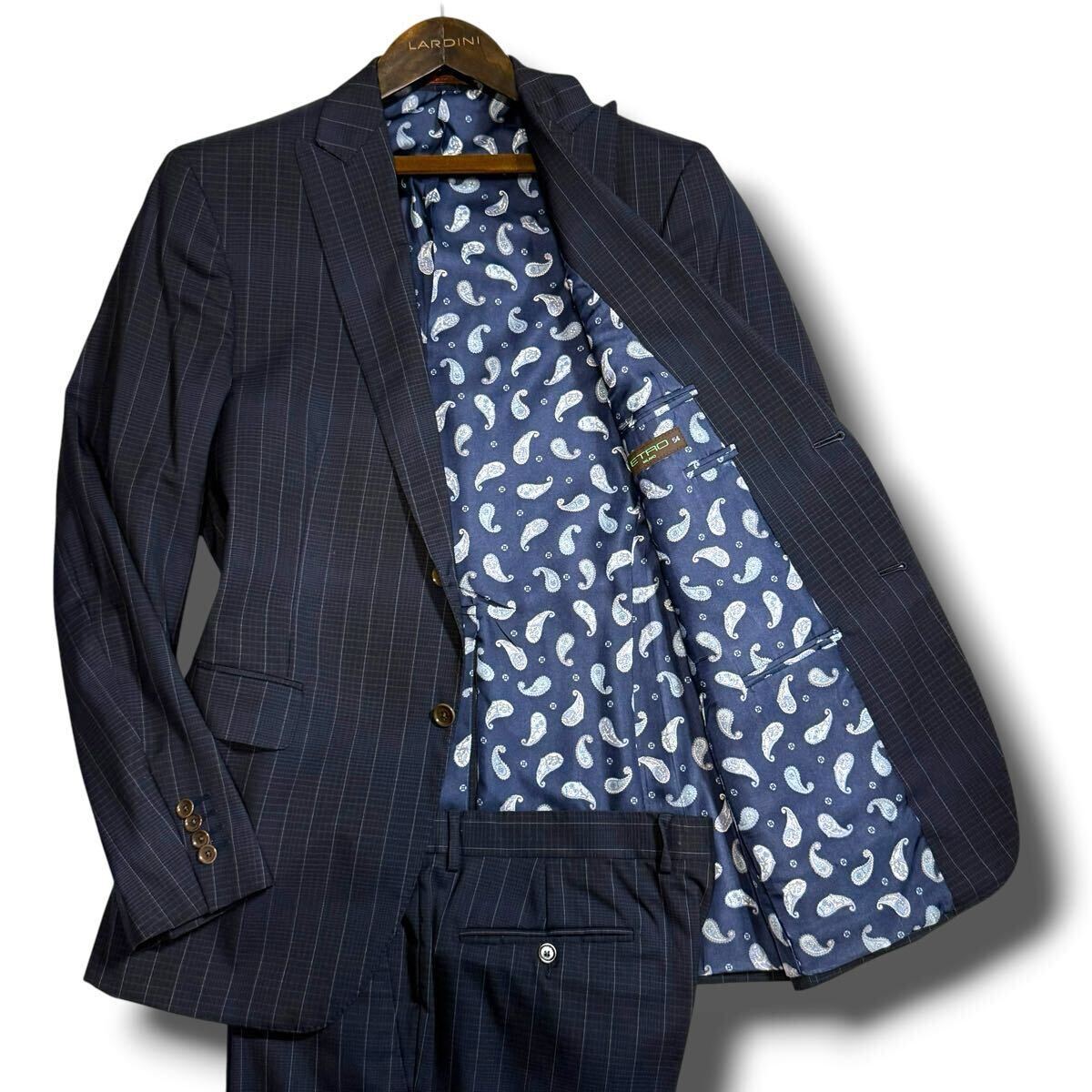ETRO【タマムシ×ストライプ×チェック柄!!】エトロ シングル セットアップ スーツ 艶感フルMAX シルク混 ペガソ刺繍ロゴ ネイビー XXL拍卖