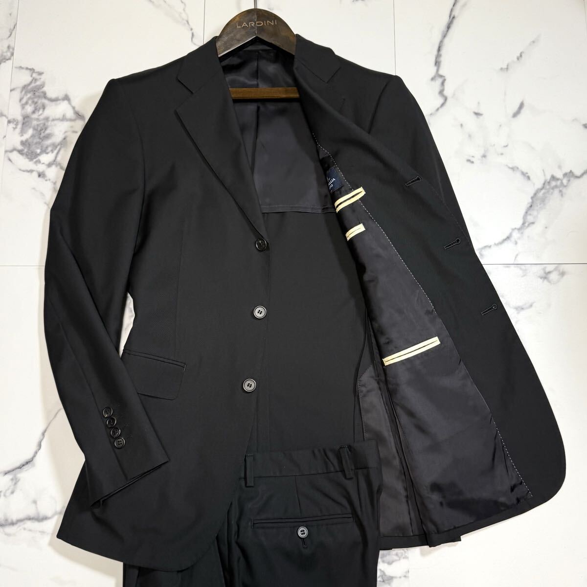 Paul Smith【未使用級美品◎超高級生地 DELFINO Super120's使用!!】ポールスミス シングル セットアップ スーツ 艶感 ストライプ 背抜 黒 L拍卖