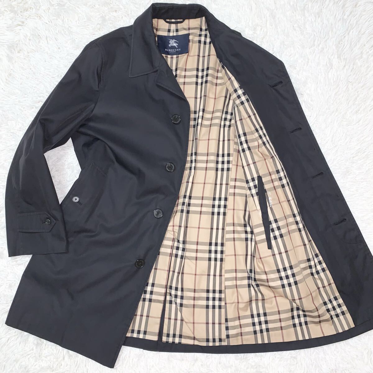 美品 BURBERRY LONDON バーバリーロンドン ステンカラーコート シルク 絹 ノバチェック 日本製 比翼仕立て 三陽商会 Mサイズ ブラック拍卖