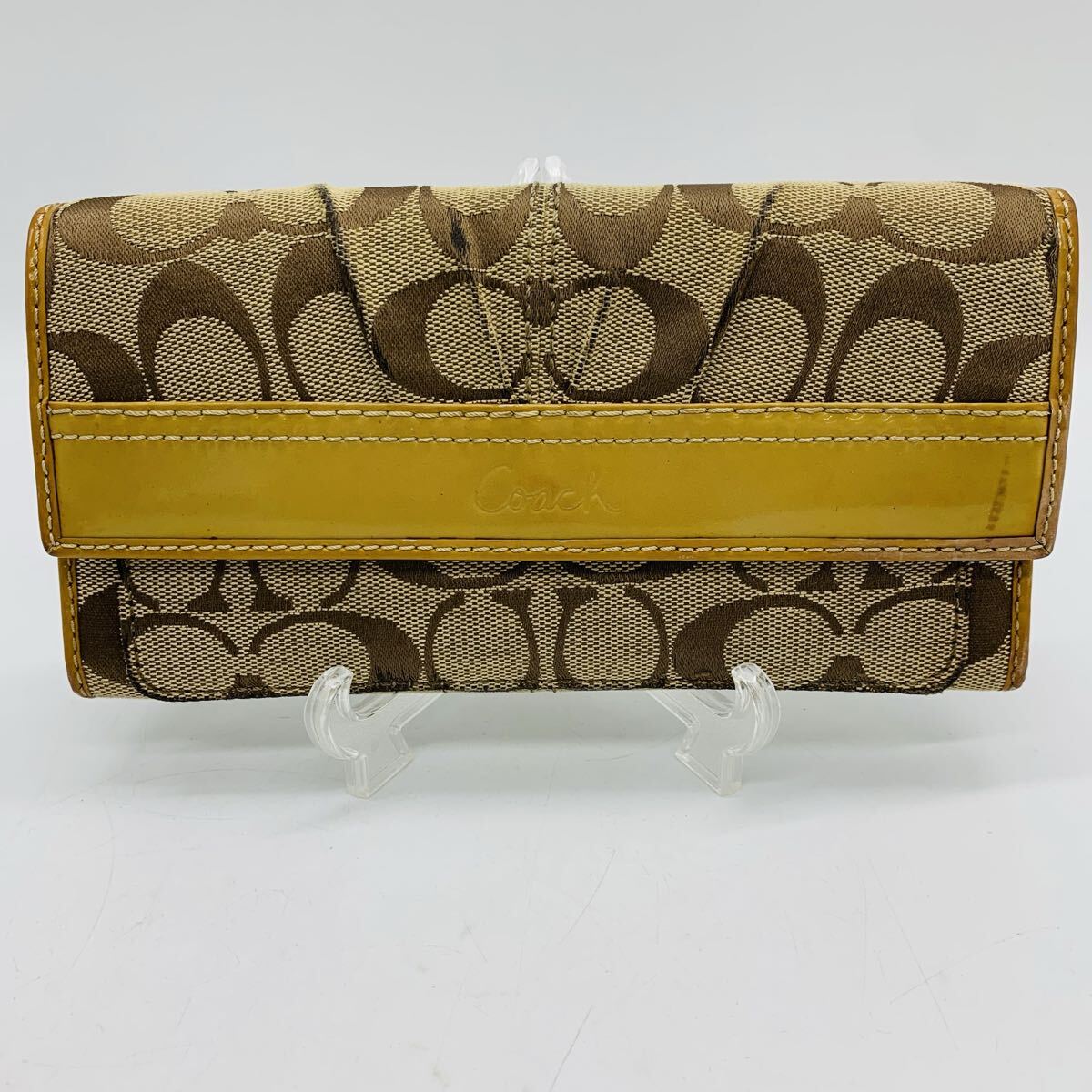 6r35-6 必見! 中古 COACH コーチ 長財布 シグネチャー ギャザー キャンバス エナメル レザー ブラウン シグネチャー柄拍卖