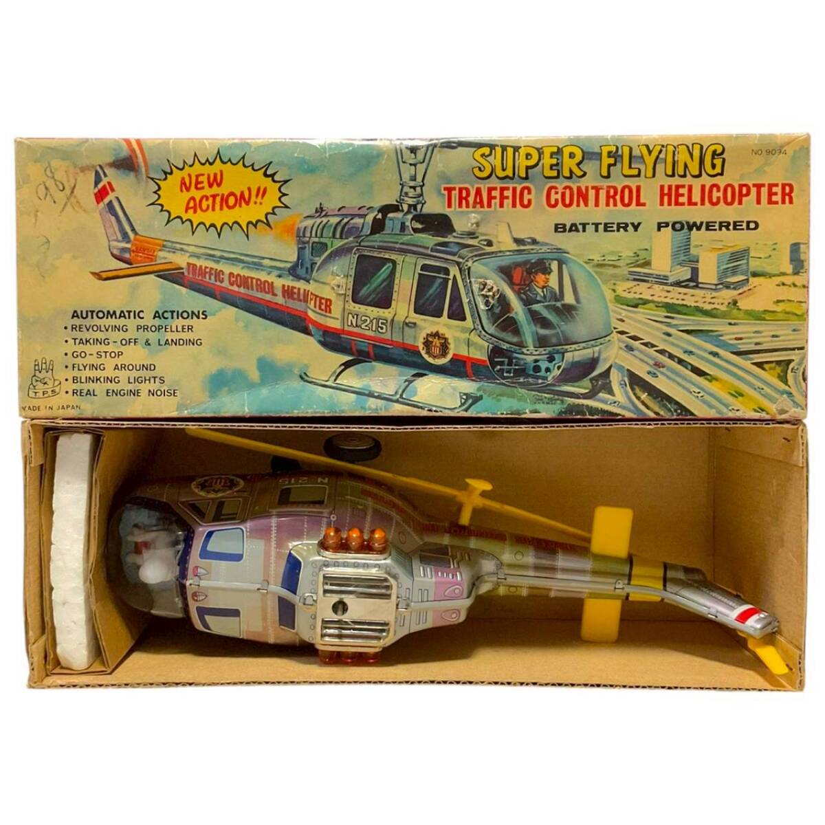 E39: 全長37cm 【1960s TPS Japan Flying Traffic Control 東京プレイシング商会 ヘリコプター 電動式ブリキ玩具 動作確認済 希少】拍卖