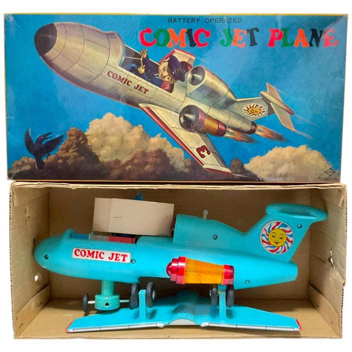 E40: 全長36cm 【1960s Daiya Japan Comic Jet Plane ダイヤ ダイヤ玩具 コミックジェットプレーン 飛行機 電動ブリキ玩具 動作確認済 】拍卖