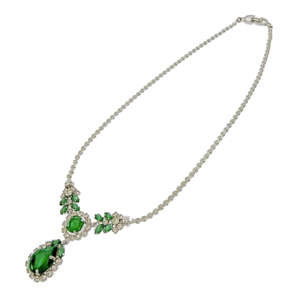 【1円スタート】Christian Dior クリスチャンディオール メタル ラインストーン カラーストーン シルバー×グリーン ネックレス 652617拍卖