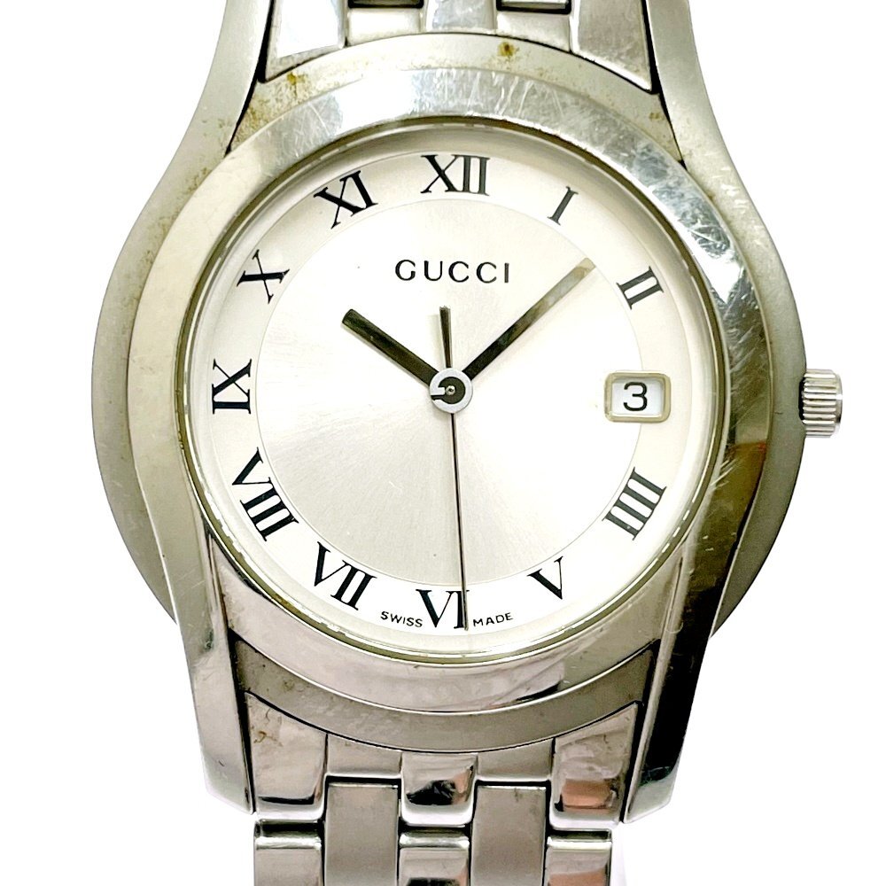 【1円スタート】【箱付き】GUCCI グッチ 5500M デイト SS シルバー文字盤 クオーツ メンズ腕時計 ジャンク 637303拍卖