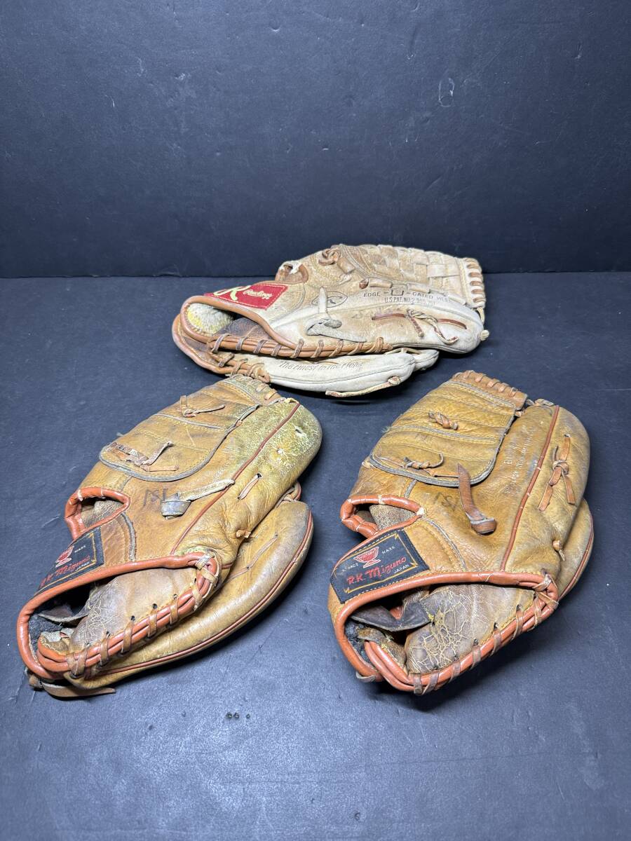 コレクター必見 ビンテージ R.K.mizuno 美津濃 Rawlings ローリングス グローブ 右利き 3点 野球 ベースボール コレクション ジャンク Es14拍卖