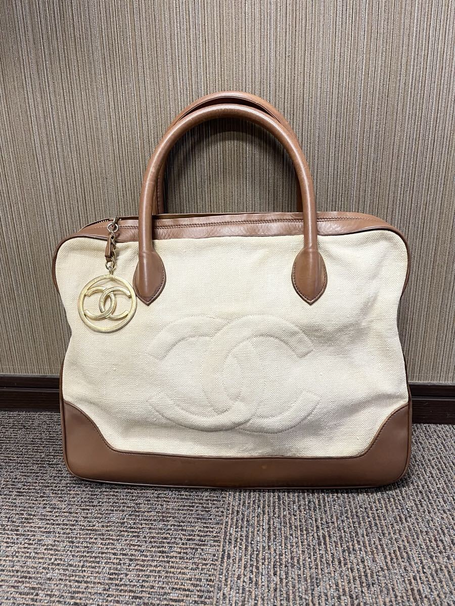 1000円〜正規品 CHANEL シャネル ビッグココマーク レザー×キャンパス ハンドバッグ シリアルシールあり ヴィンテージ 拍卖