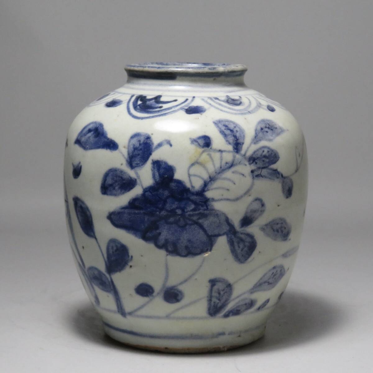 中国美術 明 染付 青花花鳥紋罐 時代物 拍卖