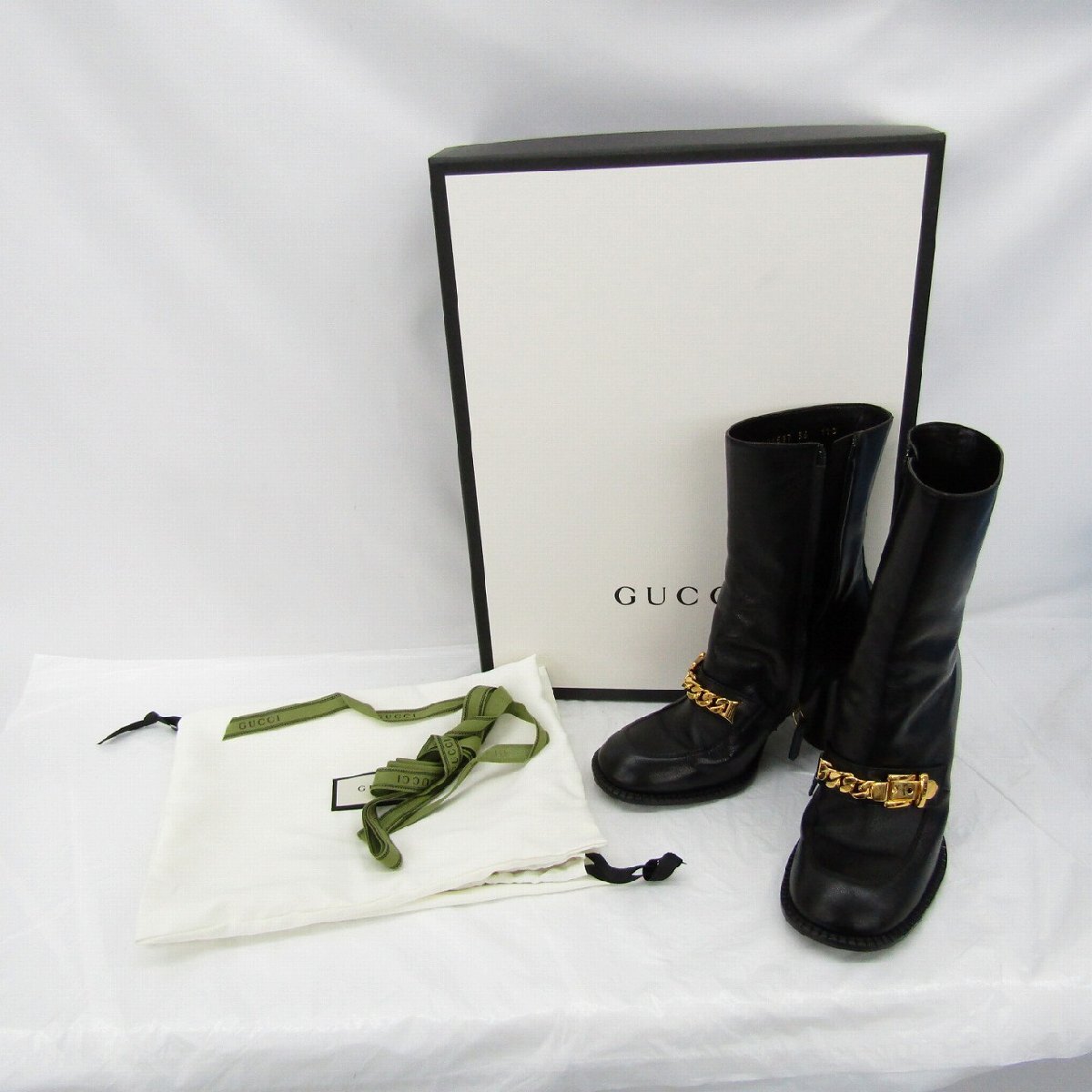 【中古品】GUCCI グッチ レディース チェーンベルトショートブーツ 626597 ブラック サイズ:37 24cm 箱付 841125954 0621拍卖