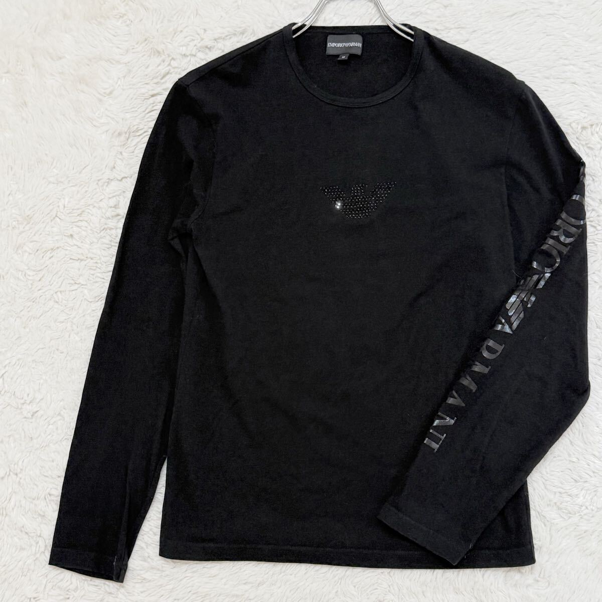美品/イーグルラインストーン●EMPORIO ARMANI 袖ロゴプリント エンポリオアルマーニ ストレッチ 長袖Tシャツ ブラック Black 拍卖