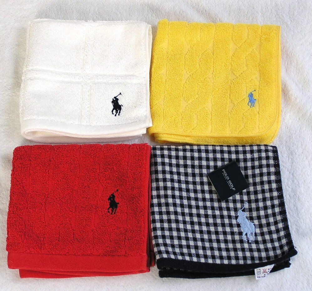 ラルフローレン/ウォッシュタオル/ハンドタオル/4枚まとめて/約34cm正方形/ポイント刺繍入/赤/黄/白/紺チェック柄/男女兼用/送料230円拍卖