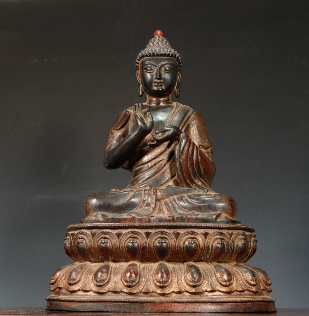 清 明 銅【銅漆金 如来坐像 重量12098g】大型仏像 釈迦如来 阿弥陀如来 蓮華座 銅仏 拍卖