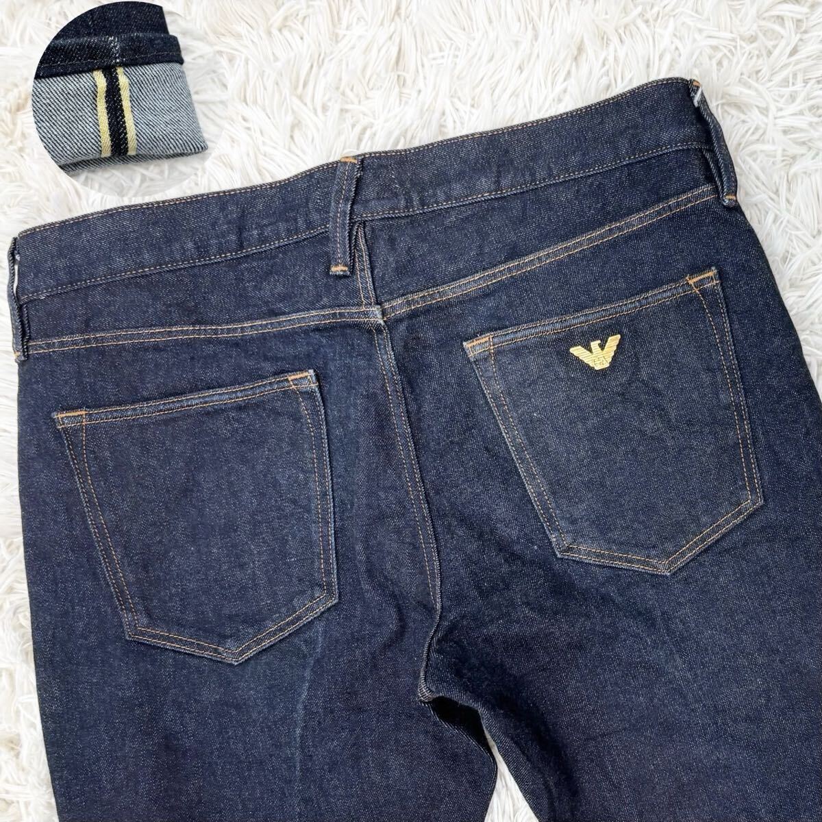 美品 L相当 W30 EMPORIO ARMANI エンポリオアルマーニ イーグルロゴ 金耳 ロゴ金具 ネイビー インディゴ ジーンズ デニム ストレッチパンツ拍卖