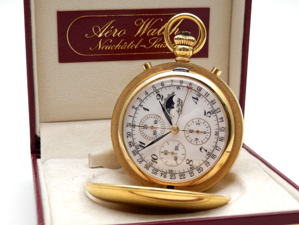 AeroWatch MT 手巻 クロノグラフ ムーンフェイズ ポインターデイト ハンターケース 動作未確認 懐中時計 アエロウォッチ 1円~ B0620拍卖