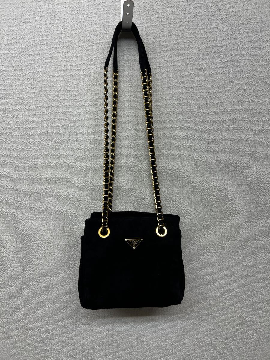 1円スタート!美品!!PRADA プラダ チェーンショルダーバッグ BLK 三角ロゴ レザー スウェード 無地 トートバッグ 白タグ拍卖