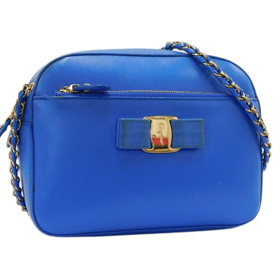 1円■美品 フェラガモ ショルダーバッグ FZ-21 F568 ブルー系 PVCレザー ヴァラ リボン Salvatore Ferragamo ■E.Brr.tl-12拍卖